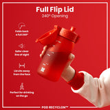 A red water bottle with a flip lid is held; the lid opens 240 degrees, and the bottle is shown against a red background. Full Flip Lid 240° Opening. POD RECYCLON™.