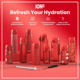 Several red ION8 water bottles, of varying sizes and designs, are displayed on a red surface. They are shown alongside a straw and strap. The text reads: 