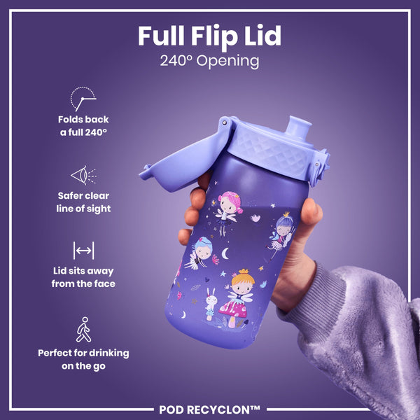 A purple water bottle, featuring a fairy design, is held; its full flip lid opens 240°. The bottle's lid is designed for safe, convenient on-the-go drinking. The text also reads "POD RECYCLON™".