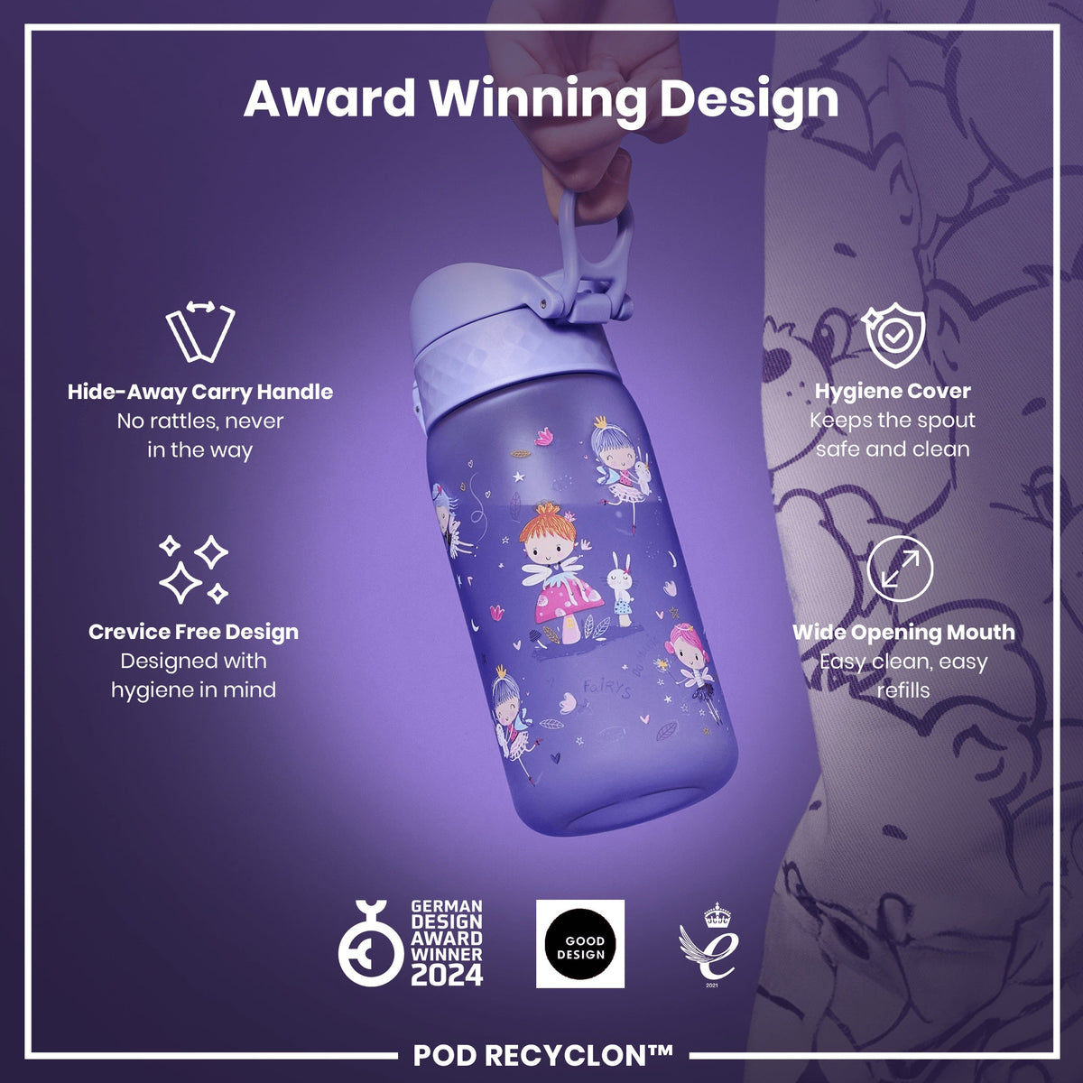 A purple water bottle, featuring a fairy design, is being held. It has a hide-away handle, hygiene cover, and wide mouth for easy cleaning and refills. Awards and design features are highlighted. GERMAN DESIGN AWARD WINNER 2024, GOOD DESIGN, and 2021 are also visible.