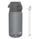 A gray water bottle, featuring a hinged lid and the brand name 