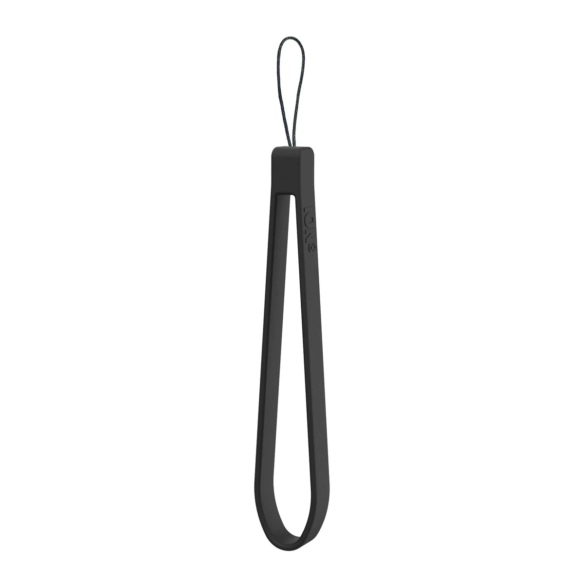 A black silicone tong suspended vertically with a loop at the top for hanging on a plain white background; embossed text reads "ION8".