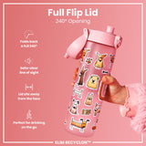 A pink water bottle, featuring a 240° flip lid and dog stickers, is held; the bottle's design prioritizes ease of use and visibility. The text reads 