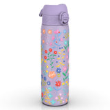 A lavender water bottle, adorned with a floral pattern, sits on a white background. The bottle features a purple lid with a carrying loop. A small “ion8” logo is visible among the flowers.