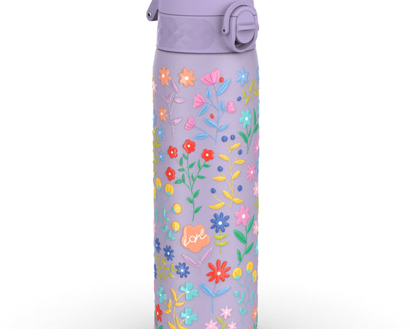 A lavender water bottle, adorned with a floral pattern, sits on a white background. The bottle features a purple lid with a carrying loop. A small “ion8” logo is visible among the flowers.