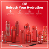 Several red ION8 water bottles, varying in size and design, are displayed on a red surface. Refresh Your Hydration. Choose from 3 different materials. Sizes to suit any user. Hundreds of designs to choose from. Shop our wide range of accessories.