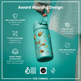 A teal-colored, bee-themed, double-walled stainless steel water bottle is being held. It features a hide-away handle, crevice-free design, hygiene cover, and wide mouth. The bottle is shown against a teal background, and is advertised as an award-winning design.