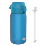 A blue water bottle sits beside its detached straw; the bottle is labeled 