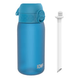 A blue water bottle sits beside its detached straw; the bottle is labeled 