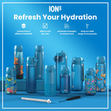 Several blue water bottles, varying in size and design, are displayed on a blue surface. Accessories are shown below. The text reads 
