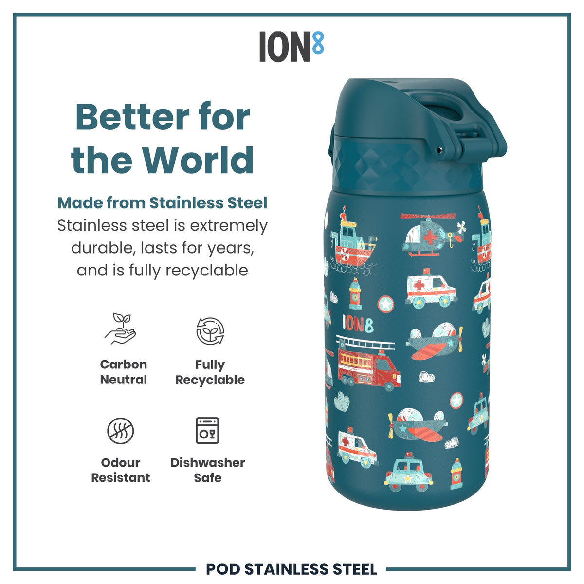 Leak Proof Kids Water Bottle, Stainless Steel, Rescue Vehicles, 400ml (13oz)
