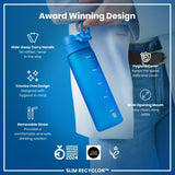 A blue water bottle is being held; it has a hide-away handle, removable straw, and wide mouth. Award-winning design features include crevice-free construction and a hygiene cover. The bottle is labeled 
