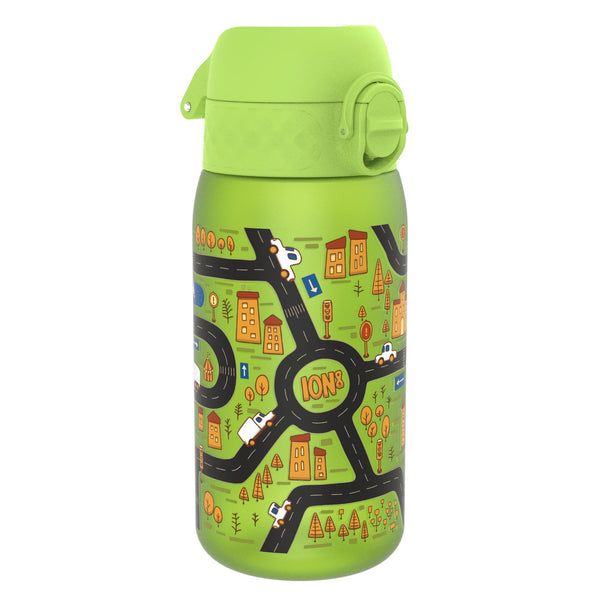 A green water bottle, featuring a city road map design, sits against a white background. ION8 is printed on the bottle.