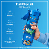 A blue water bottle, featuring airplane and house graphics, is held; its full flip lid opens 240°. The bottle is shown against a solid blue background. The text reads: 
