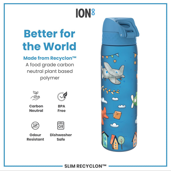 A blue water bottle, featuring a cartoon airplane design, sits against a white background. It is made from a plant-based polymer, is BPA-free, odor-resistant, and dishwasher-safe. The text also states it's carbon neutral.
