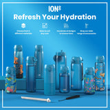 Several blue water bottles, various sizes and designs, are displayed on a blue surface. Accessories are shown nearby. The text reads 
