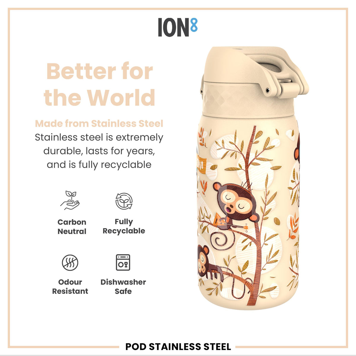 Leak Proof Kids Water Bottle, Stainless Steel, Monkeys, 400ml (13oz)