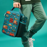 A rectangular teal lunchbox showcases colorful cartoon vehicles including cars, buses, and trucks with road signs such as 