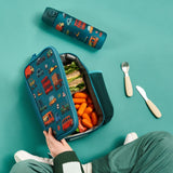 A rectangular teal lunchbox showcases colorful cartoon vehicles including cars, buses, and trucks with road signs such as 