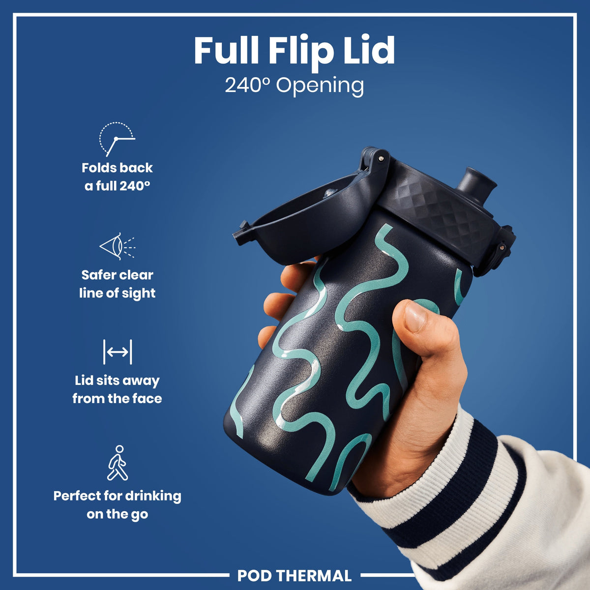 A dark-colored water bottle, with teal abstract designs, is held; its lid is fully open, revealing the inside. The bottle is displayed against a solid blue background. Full Flip Lid, 240° Opening. POD THERMAL.