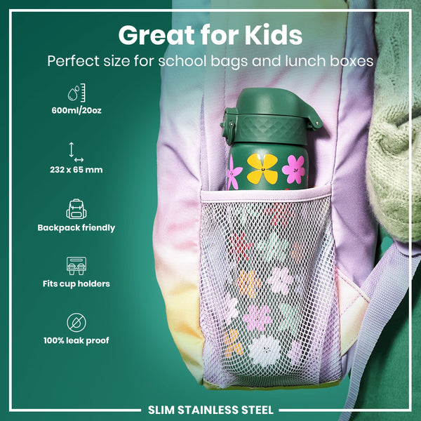 Leak Proof Slim Water Bottle, Stainless Steel, Floral, 600ml (20oz)