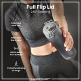 A person holds a dark-grey water bottle with a 240° opening flip lid. The bottle is designed for convenient on-the-go drinking. The lid’s design offers a clear line of sight and keeps the lid away from the face. The bottle is labeled 
