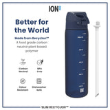 A dark-blue water bottle sits next to its white straw; it's made from a plant-based polymer, is BPA-free, and dishwasher safe. The bottle is marked with volume measurements in milliliters and ounces.