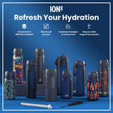 Several ION8 water bottles, in various sizes and designs, are displayed on a blue background. Accessories are shown alongside. The text reads: 