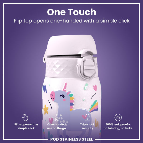 Leak Proof Kids Water Bottle, Stainless Steel, Unicorns, 400ml (13oz)