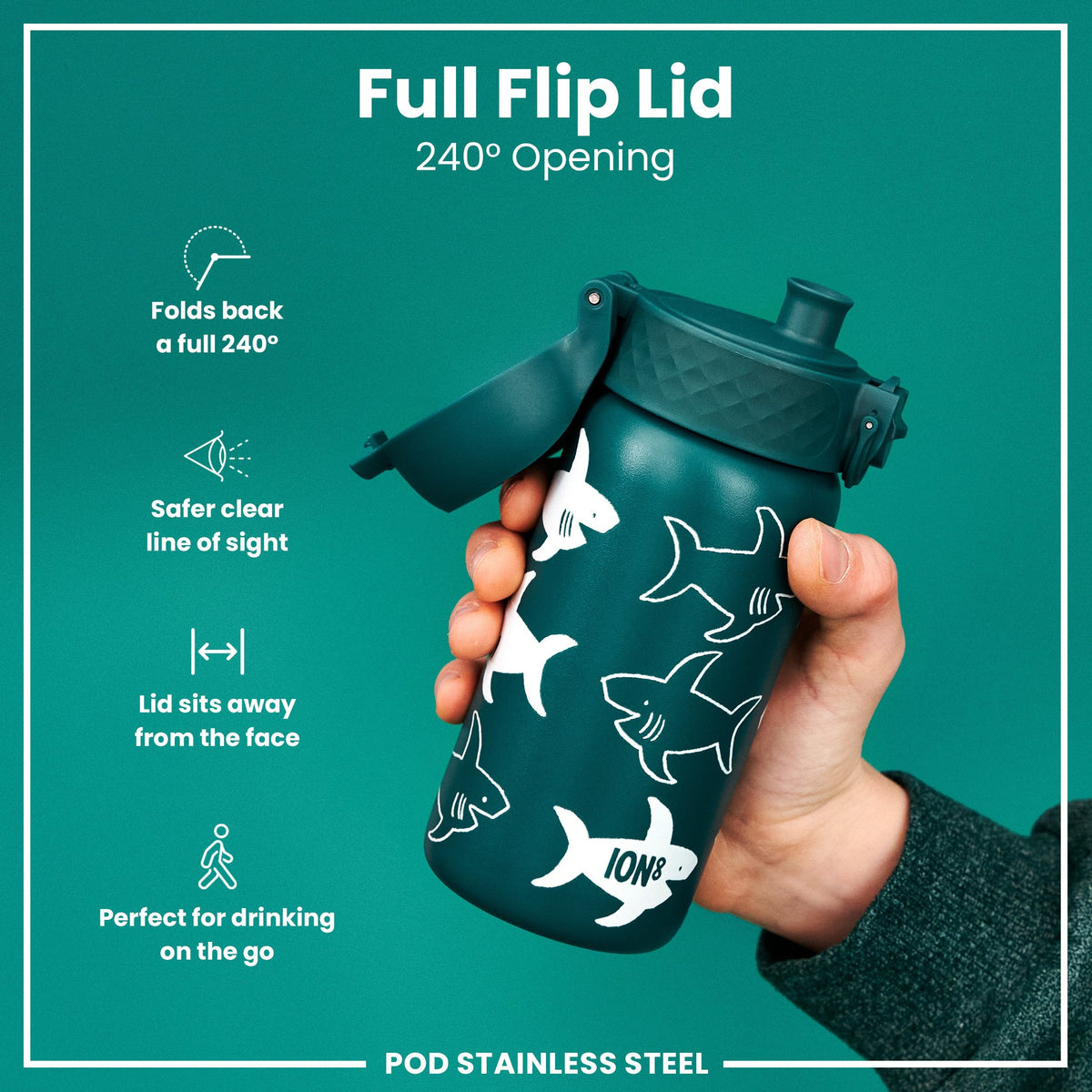 Leak Proof Thermal Steel Water Bottle, Insulated, Sharks, 320ml (11oz)