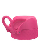 A pink water bottle lid with a loop handle sits upright displaying a textured surface with the word 