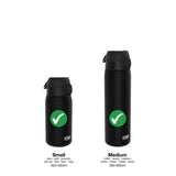 Two black water bottles stand upright with secure lids and green check marks. The left is labeled 