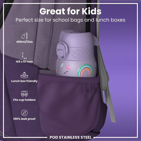 Leak Proof Kids Water Bottle, Stainless Steel, Purple Unicorns, 400ml (13oz)