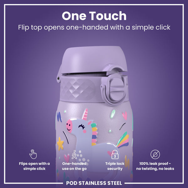 Leak Proof Kids Water Bottle, Stainless Steel, Purple Unicorns, 400ml (13oz)