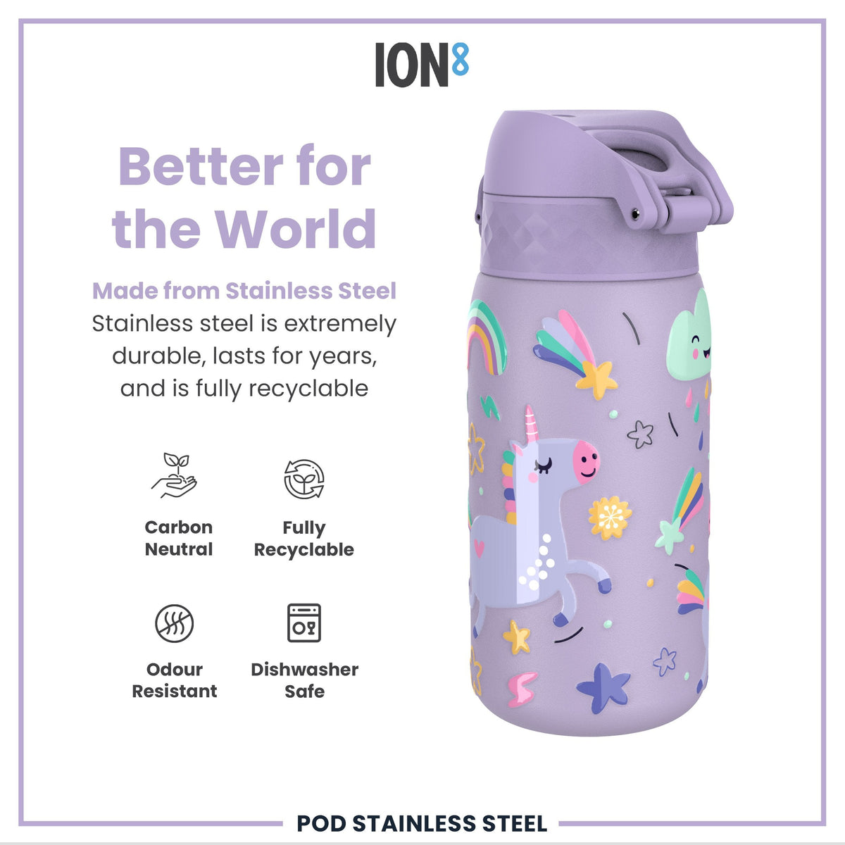 Leak Proof Kids Water Bottle, Stainless Steel, Purple Unicorns, 400ml (13oz)
