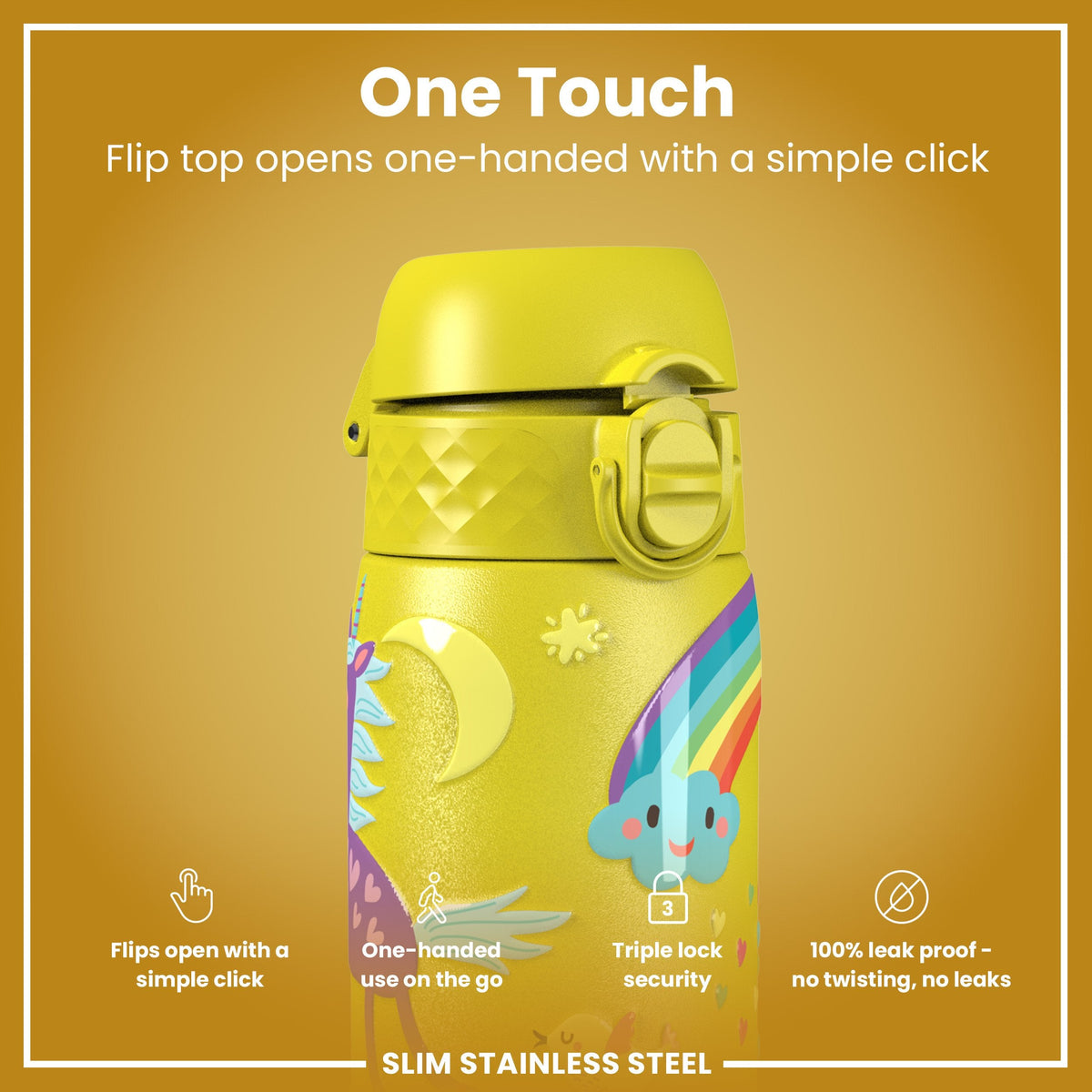 Leak Proof Slim Water Bottle, Stainless Steel, Yellow Unicorns, 600ml (20oz)