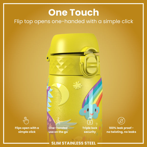 Leak Proof Slim Water Bottle, Stainless Steel, Yellow Unicorns, 600ml (20oz)