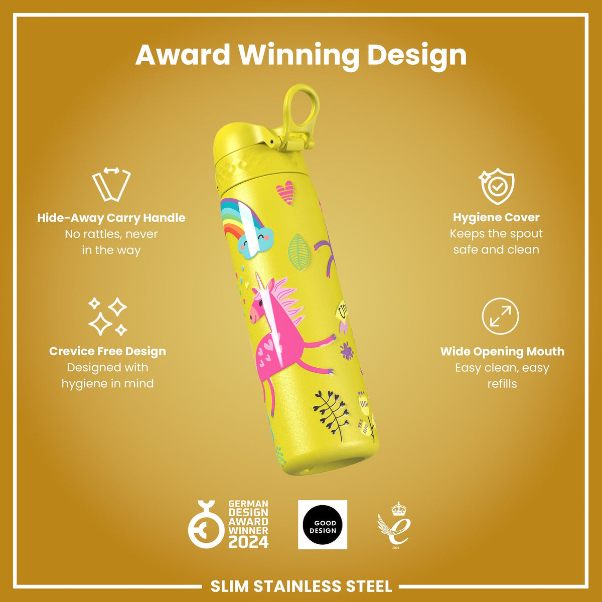 Leak Proof Slim Water Bottle, Stainless Steel, Yellow Unicorns, 600ml (20oz)