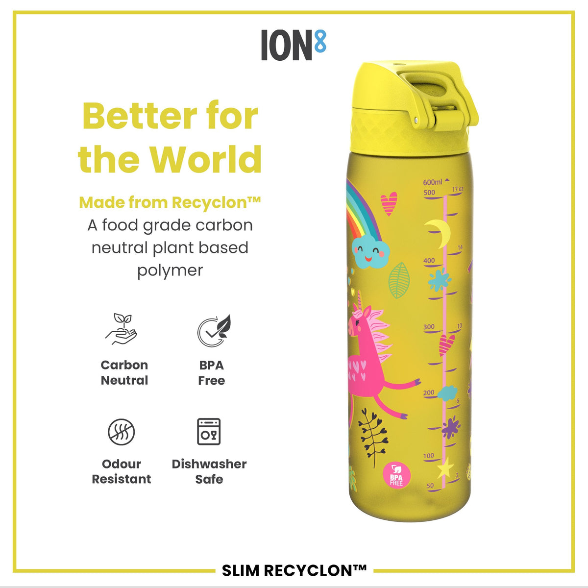 Leak Proof Slim Water Bottle, Recyclon, Yellow Unicorns, 500ml (18oz)