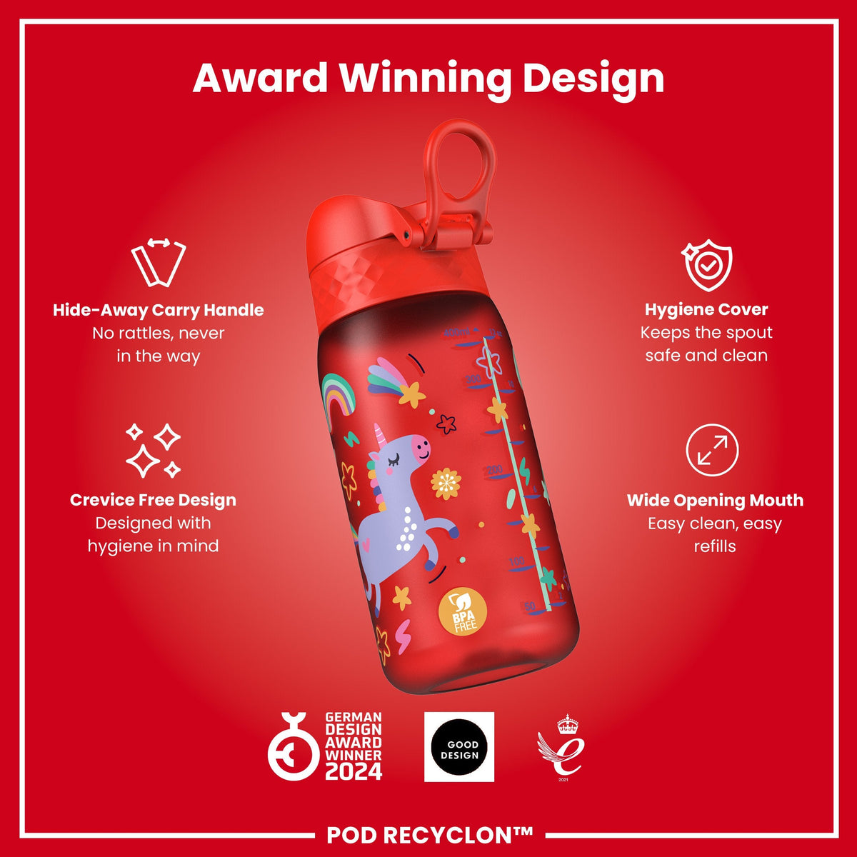 Pod 12oz Recyclon Bottle - Red Unicorns