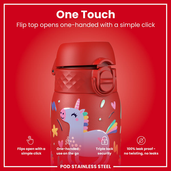 Leak Proof Kids Water Bottle, Stainless Steel, Red Unicorns, 400ml (13oz)