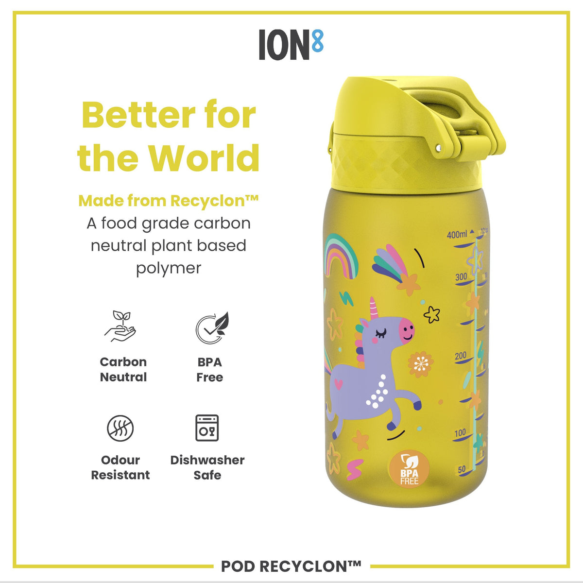 Pod 12oz Recyclon Bottle - Yellow Unicorns