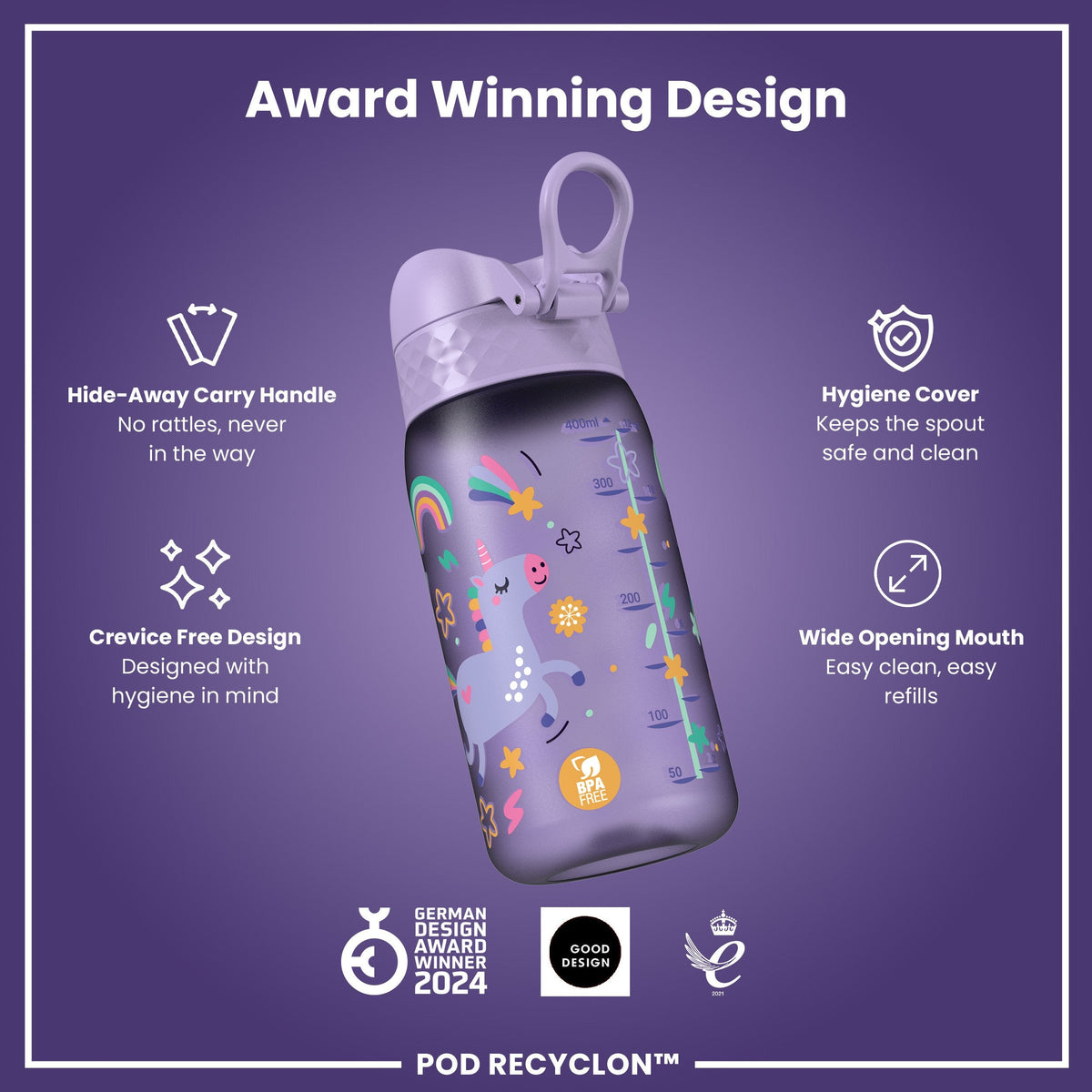Pod 12oz Recyclon Bottle - Purple Unicorns