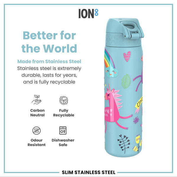 Leak Proof Slim Water Bottle, Stainless Steel, Blue Unicorns, 600ml (20oz)