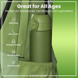 A green water bottle fits inside a green backpack pocket. It's 500ml/18oz, 232 x 65 mm, backpack and cupholder friendly, and 100% leak proof. 