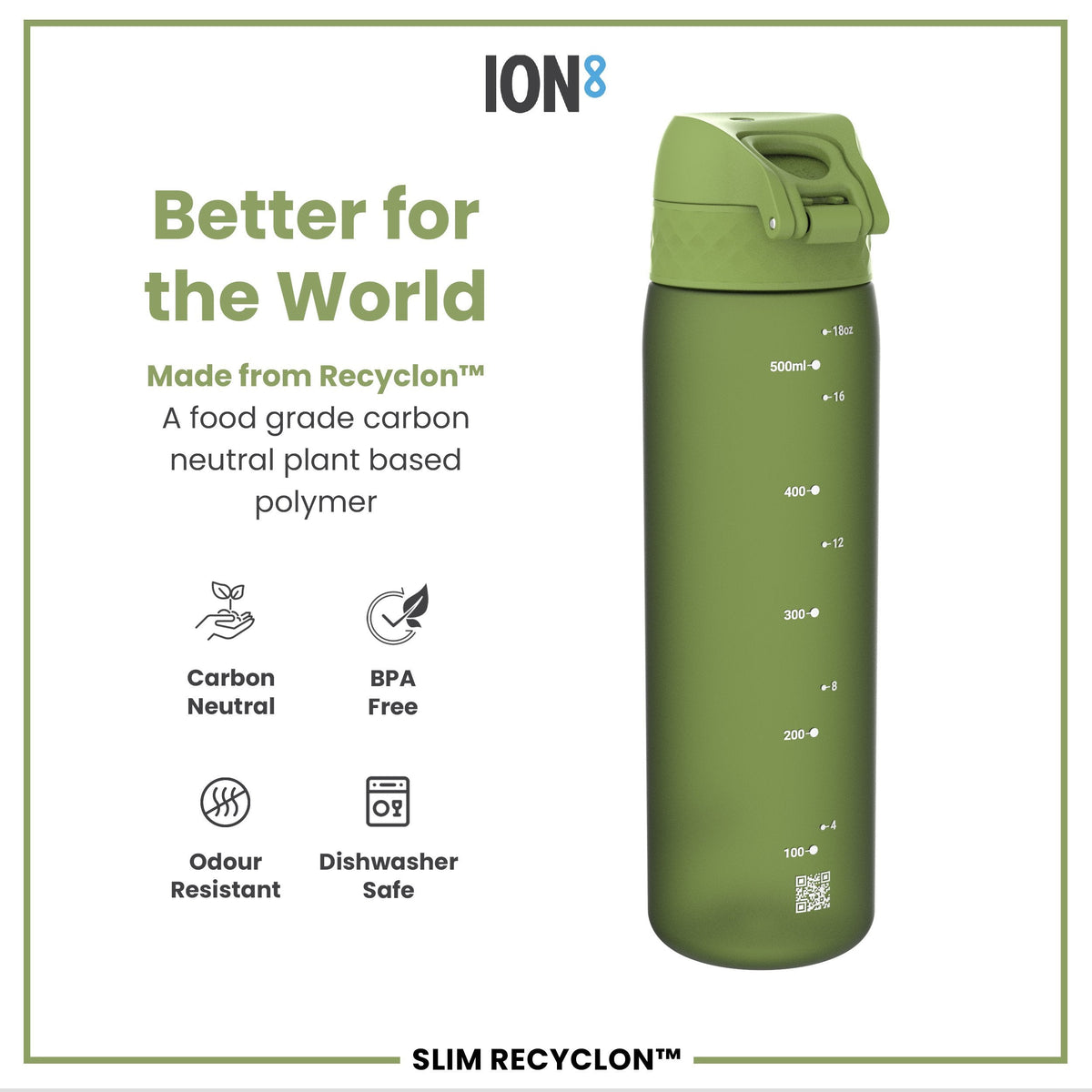 Leak Proof Slim Water Bottle, Recyclon, Khaki Green, 500ml (18oz)