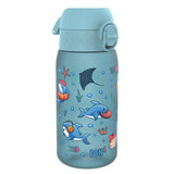 A light-blue water bottle, featuring cartoon sharks and other sea creatures, sits against a white background. The bottle displays the word 
