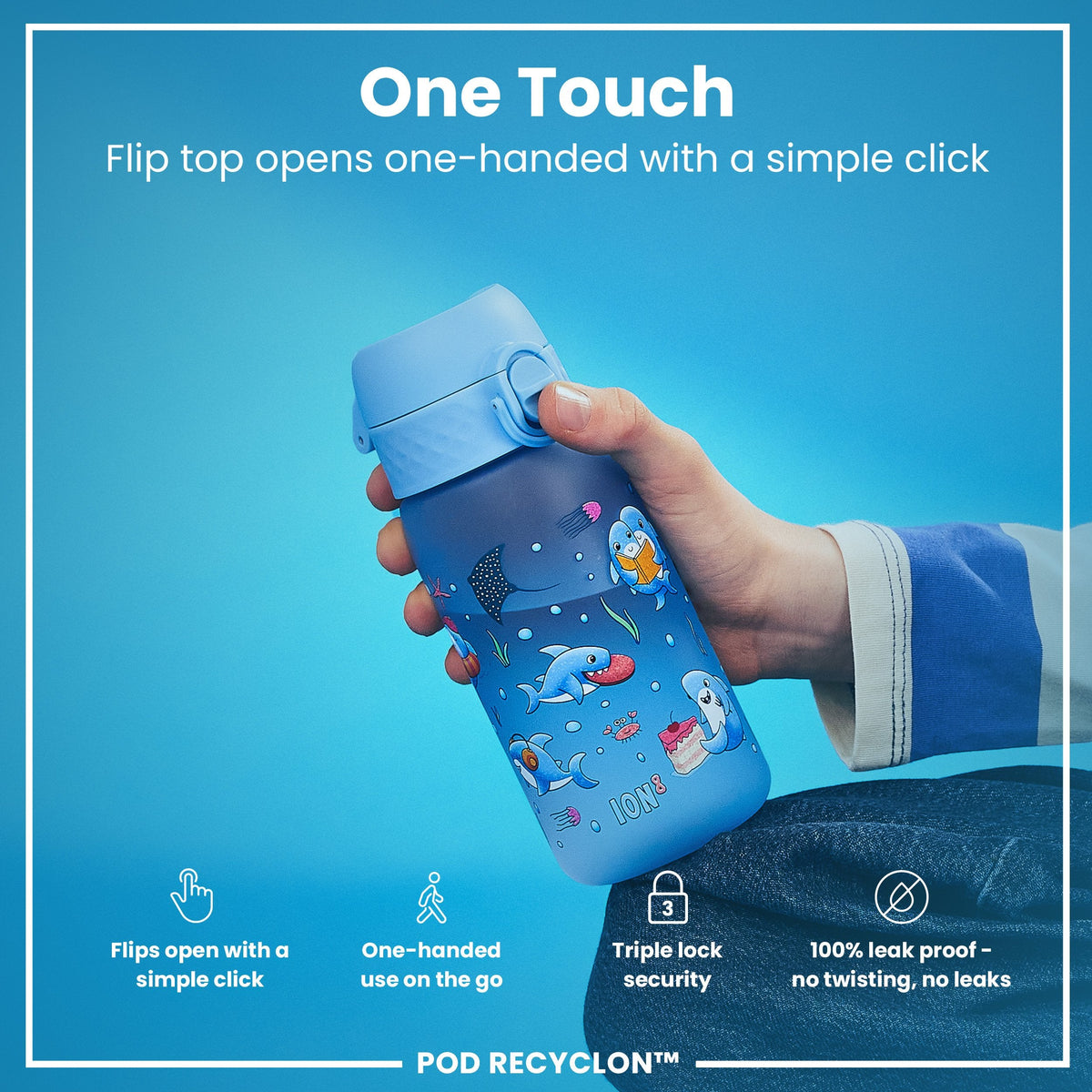 A light-blue water bottle, featuring cartoon sharks and other sea creatures, sits against a white background. The bottle displays the word "ION8".