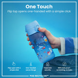 A light-blue water bottle, featuring cartoon sharks and other sea creatures, sits against a white background. The bottle displays the word 