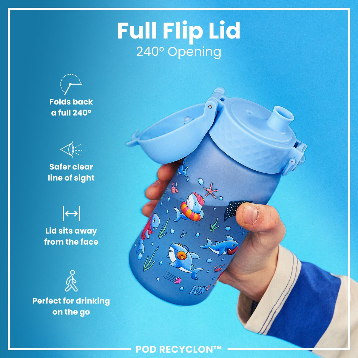 A light-blue water bottle, featuring cartoon sharks and other sea creatures, sits against a white background. The bottle displays the word "ION8".